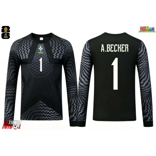 Brasil Alisson Becker #1 Portero Primera Equipación Niños Mundial 2026 Manga Larga (+ Pantalones cortos)